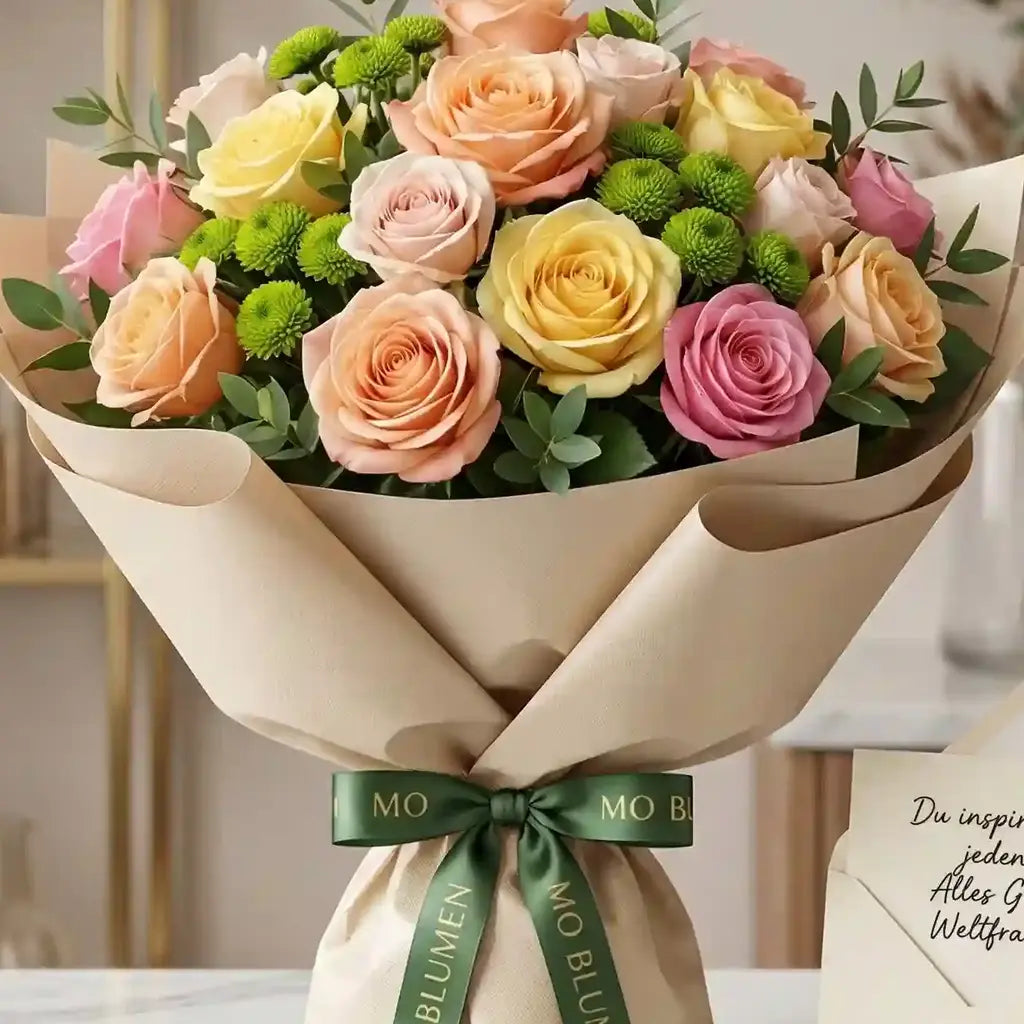 Pastellfarbener Rosenstrauß von MO BLUMEN mit Rosen in Rosa-, Gelb- und Pfirsichtönen, grünen Knopfchrysanthemen, beigem Papier und einem grünen Band.